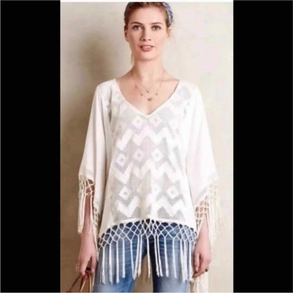 Lilka Embroidered Fringe Lace Top Poncho Sz XS Ivory Cotton Sheer Anthropologie - Picture 1 of 4